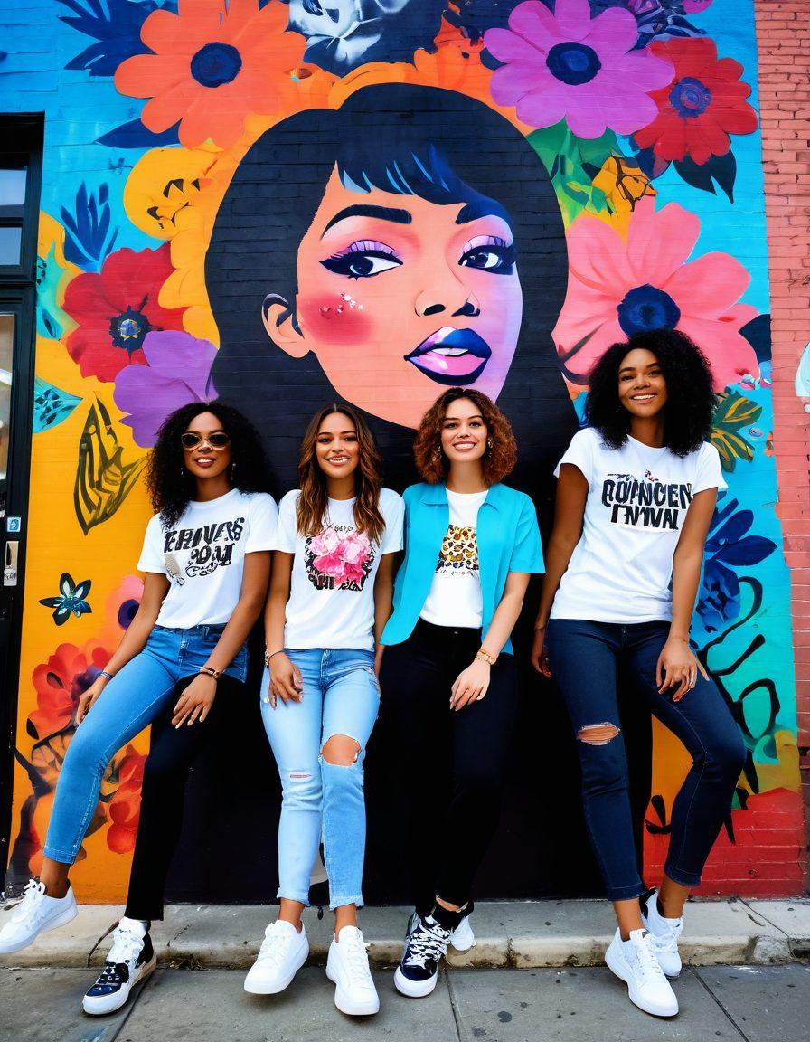 A vibrant scene featuring a diverse group of young women expressing their unique personal styles through fashionable outfits and accessories. Surround them with symbols of femininity, such as flowers and empowering quotes in stylish typography. Capture emotions of joy and confidence, with the backdrop showcasing a colorful street art mural that celebrates femininity. The lighting should be bright to evoke a lively atmosphere. super-realistic. vibrant colors.