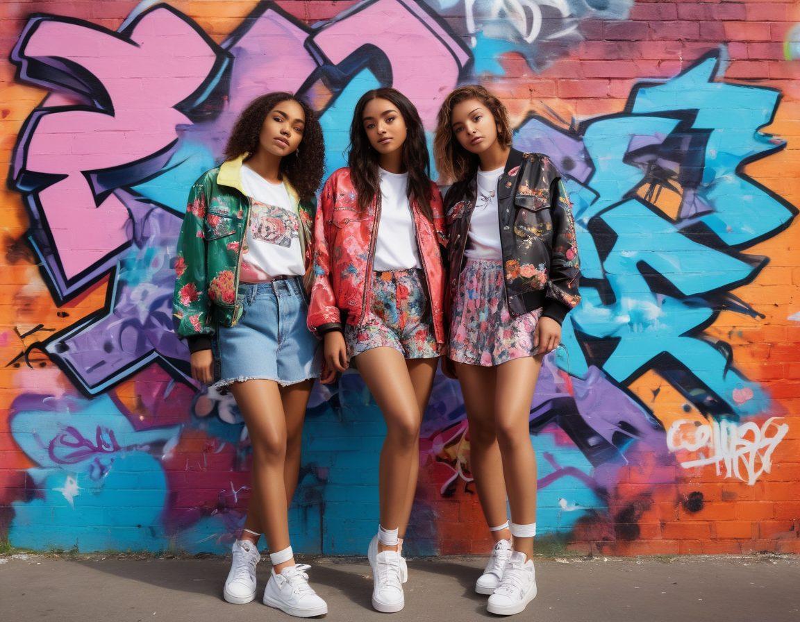 A vibrant scene showcasing diverse teenage girls with unique fashion styles that blend femininity and individuality, surrounded by colorful graffiti walls symbolizing modern culture. One girl should be wearing a chic oversized jacket, while another sports a floral dress paired with edgy sneakers. The atmosphere is filled with energy and empowerment, highlighting friendship and confidence. super-realistic. vibrant colors. urban background.